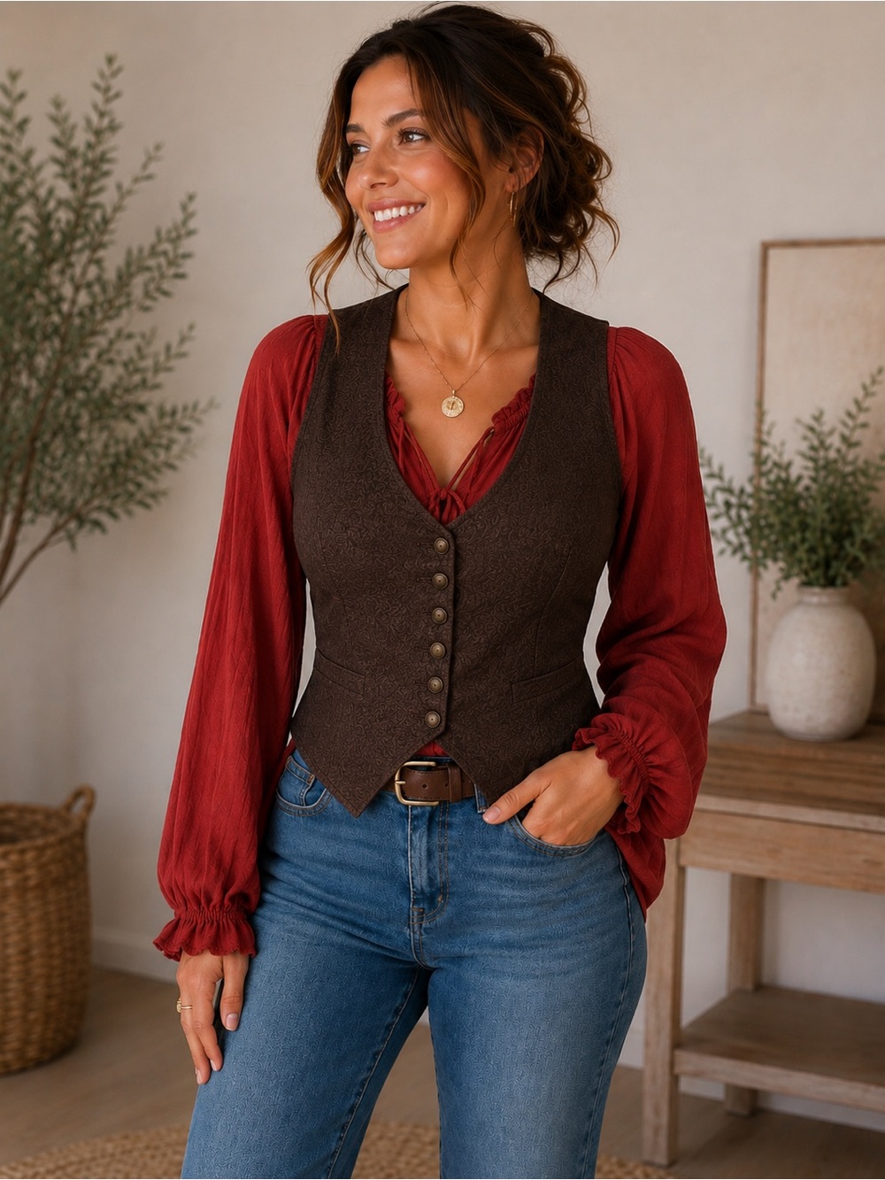 Z Supply Brick Red Ruffle Neck‎ Long Sleeve Tie Front Blouse Top Rayon Boho  S